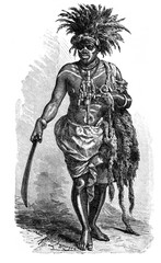 Fototapeta na wymiar Tradicional African healer and shaman from Loango coast, Republic of the Congo today. Culture and history of Africa. Vintage antique black and white illustration. 19th century.