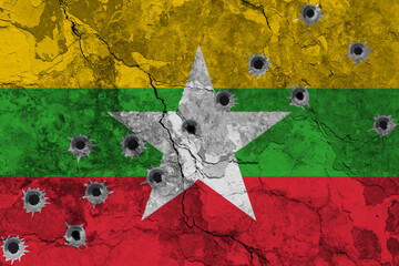 Concept of the violent Conflict in Myanmar (Burma) with a painted flag on a cracked wall with wholes of bullets. 3D-Illustration. 3D-rendering