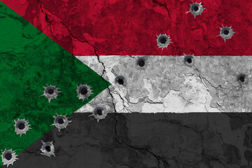 Concept of the violent Conflict in Sudan with a painted flag on a cracked wall with wholes of bullets. 3D-Illustration. 3D-rendering