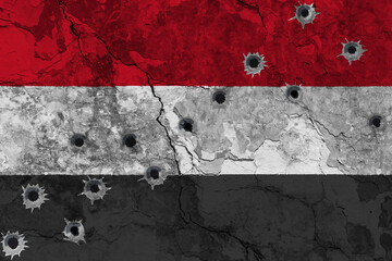Concept of the violent Conflict in Yemen with a painted flag on a cracked wall with wholes of bullets. 3D-Illustration. 3D-rendering