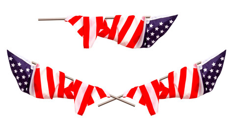 the beautiful star-striped flag of the United States of America hangs on a flagpole in two variations one and crossed 