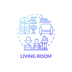 Fototapeta na wymiar Keeping room blue gradient concept icon. Tidying and decluttering idea thin line illustration. Place for relax and spend time. Rearrangement of furniture. Vector isolated outline RGB color drawing