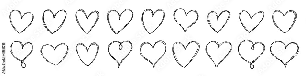 Poster big set of hand drawn hearts. sketchy design elements. handdrawn doodle heart collection for your gr