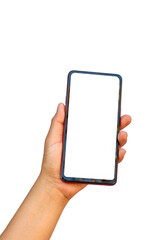 The hand is holding the white screen, the mobile phone is isolated on a white background with the clipping path.