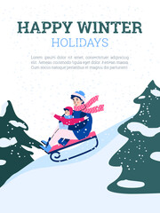 Happy winter holidays for family poster with father and son on a sled, vector cartoon illustration. Greeting card or banner template with the wish of a good holidays.