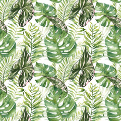 Seamless pattern with watercolor tropical leaves