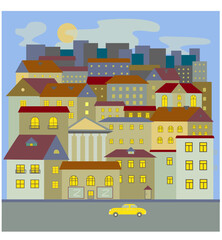 Houses on the street of an old European city and a retro car. Vector illustration.