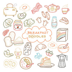 Cute color line breakfast doodle with toaster, sandwich, bacon, tea pot, cup, strawberry jam, milk, cereal, pancake, egg, avocado, sausage, bowl, tomato and fruits. 
