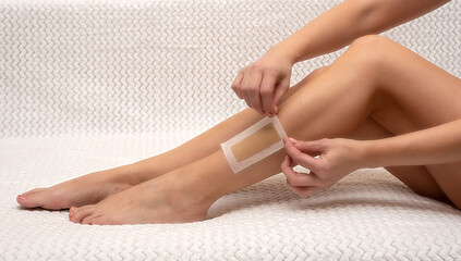 Young girl sitting on the couch. Depilation of legs.