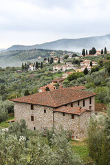 Fototapeta na wymiar Tuscan hills with villas, olive fields and farms. Old villa in the foreground in the village of Carmignano near Florence, Italy. In the background there are hills in fog, a cloudy sky, tranquility.
