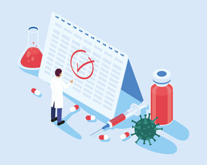 doctor with calendar and vaccine isometric icons