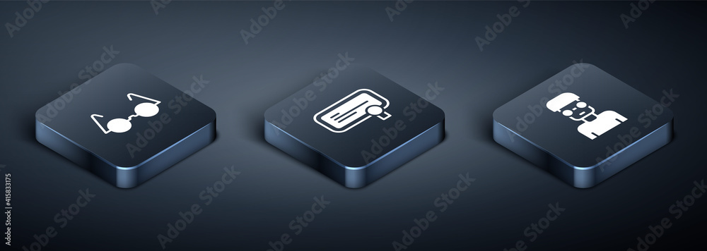 Poster set isometric eyeglasses, nerd geek and certificate template icon. vector.