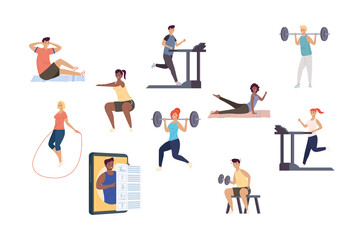 bundle of ten persons practicing fitness sports characters