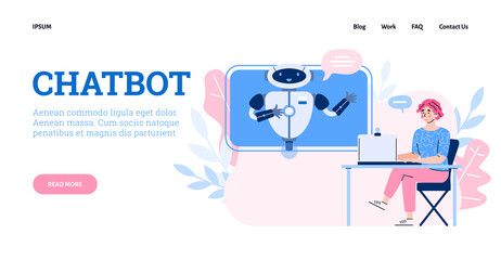 Landing page template with app chat bot service, artificial intelligence for support customers. Technology of communication with smart robot virtual assistant. Vector illustration.