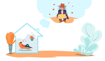 Concept happy, lifestyle relax. A man who sleeps listening to music happily on a reclining chair And thinking of myself when traveling. Vector illustration forVacation, happiness, going out for travel