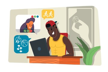 Webinar vector Illustration, online meeting concept, work from home, flat design. Video conferencing, teleworking, social distancing, business discussion. Character talking with colleagues online.