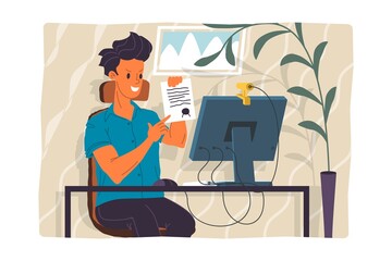 Webinar vector Illustration, online meeting concept, work from home, flat design. Video conferencing, teleworking, social distancing, business discussion. Character talking with colleagues online.