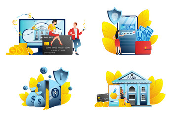 Digital bank service fintech concept in flat. Online banking application illustrations with mobile payments, digital long-term deposit and bank payment