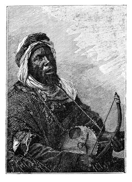 West African Griot Musician Playing A Song.Culture And History Of West Africa. Vintage Antique Black And White Illustration. 19th Century.