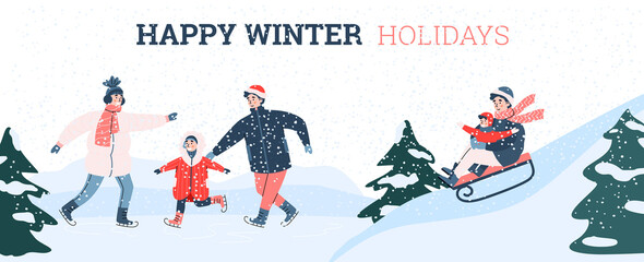 Happy winter holidays poster design with family people having fun outdoor, cartoon vector illustration. Snow activity and sport games for family with children.