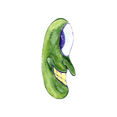 Head of a green monster painted in watercolor technique. Character illustration for postcards, badges, stickers, posters.