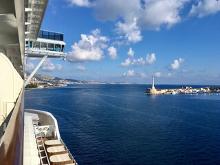 Dream vacation holiday on outdoor promenade sun deck with loungers and chairs onboard Italian...