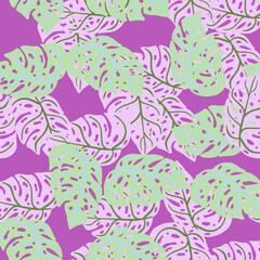 Fototapeta na wymiar Abstract bright seamless pasttern with contoured monstera foliage shapes. Purple background. Doodle design.