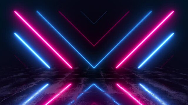 Abstract stage 3d render with blue and pink neon lights and bright reflections. Colorful background with futuristic laser motion. Sci-fi technology texture for futuristic concept. Seamless loop.