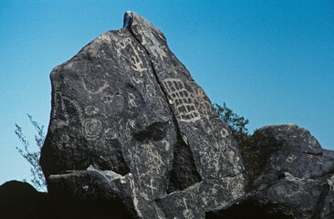Painted Rock Petroglyph Site ancient petroglyphs Theba, Arizona USA. Indian culture. Rock drawings.