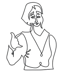 One line drawing of   shows his fingers the gesture of the call.
One continuous line drawing of business woman showing with fingers gesture `call me`.
