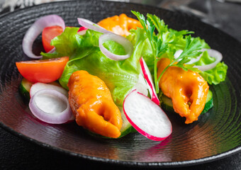 salad seafood vegetables and crab claws, surimi crab sticks tomato, cucumber, lettuce on the table meal snack  copy space food background rustic keto or paleo diet vegan or vegetarian pescetarian