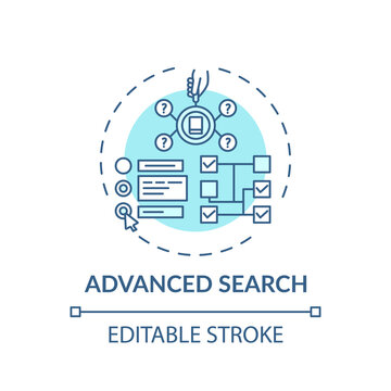 Advanced search concept icon. Online library search types idea thin line illustration. Digital Library. Searching information. Free access. Vector isolated outline RGB color drawing. Editable stroke