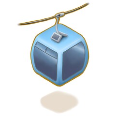 Blue ropeway, a digital painting of mountain gondola cable car for tourism transportation isometric cartoon icon raster 3D illustration on white background. © Phasuthorn Design