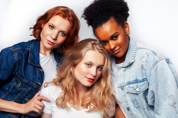 Fototapeta premium diverse multi nation girls group, teenage friends company cheerful having fun, happy smiling, cute posing isolated on white background, lifestyle people concept, african-american and caucasian