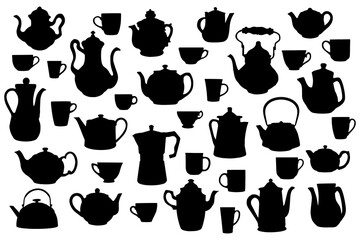 Teapots and cups silhouettes. Basis elements set on white background