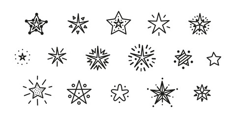 Vector Set of Cute Stars. Different Star Icons. Black and White Illustration
