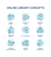 Online library oncept icons set. Getting access to information idea thin line RGB color illustrations. New technologies. Types of digital libraries. Vector isolated outline drawings. Editable stroke