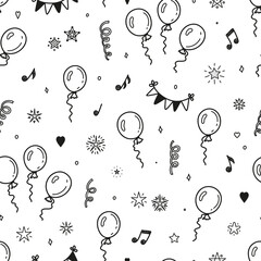 Fototapeta na wymiar Happy Birthday Background. Vector Seamless Pattern with Hand Drawn Doodle Balloons, Bunting Flag, Stars, Musical Notes and Confetti