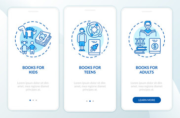 Online library categories onboarding mobile app page screen with concepts. Books for Teens walkthrough 3 steps graphic instructions. UI vector template with RGB color illustrations