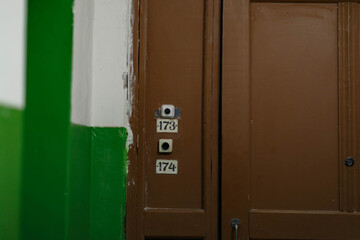 brown wooden door,bell buttons and peephole