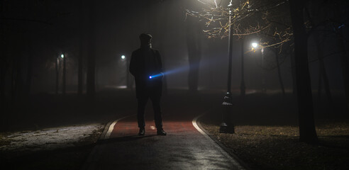 detective with a flashlight in the forest at night in the fog - obrazy, fototapety, plakaty