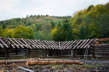 log house made of natural wood in the village. construction of a log hut in the mountains....