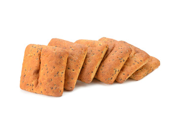 Oatmeal bread with flax seeds is isolated on a white background.Selective focus.
