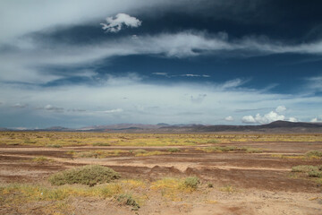 Emptiness. Panorama view of the arid desert, valley, grass and mountains in the background under a beautiful blue sky with dramatic clouds.