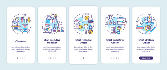 Top management positions onboarding mobile app page screen with concepts. Chief executive manager walkthrough 5 steps graphic instructions. UI vector template with RGB color illustrations