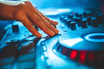 DJ Hands creating and regulating music on dj console mixer in concert nightclub stage