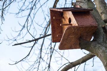 Wooden birdhouse on a tree