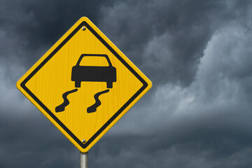 Icy roads yellow and black warning USA highway sign