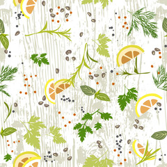 Spices, herbs and seasonings on an old Board. Seamless vector pattern.