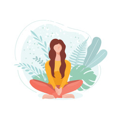 The girl is sitting on the floor. A young woman relaxes, does yoga. Vector flat illustration on abstract background of leaves isolated on white background. 